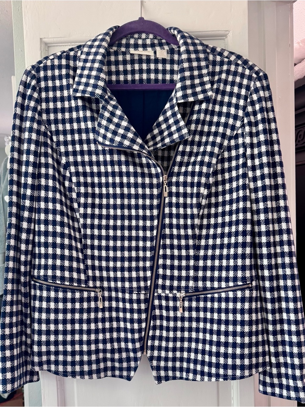 Chicos Navy & White Check Zip-Front Women's Blazer Jacket